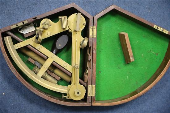 A 19th century Troughton Simms brass double framed sextant, made for Lieutenant Colonel Hodgson, 10in., in original brass mounted mahog